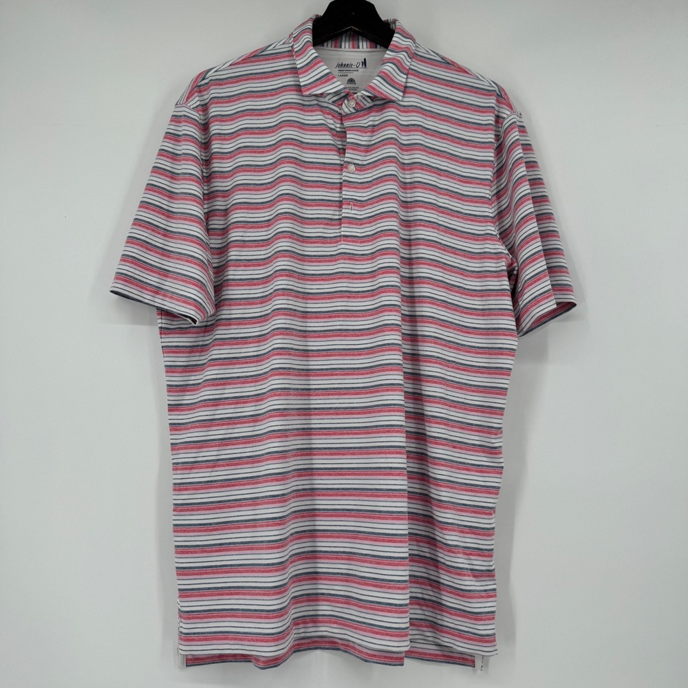 Johnnie-O Performance Polo Shirt Mens Large Pink Blue White Striped UPF 50 Golf